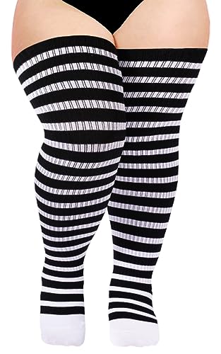 Thigh High Socks for Women Knit Cotton Extra Long Halloween Over the Knee High Socks Leg Warmers - One Size Plus - Black & White