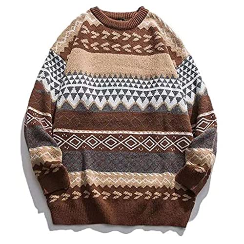 PEHMEA Men's Vintage Striped Sweater Oversized Knitted Pullover Crewneck Long Sleeve Colorblock Jumper Tops - X-Large - Coffee