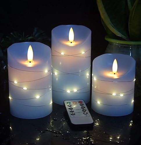danip Sky Blue LED Flameless Candle, with Embedded Star String, 3-Piece Set of LED Candles, with 11 Button Remote Control, 24-Hour Timer Function, Dancing Flames, Real Wax, Battery Powered. - Sky BlueZ#1*3