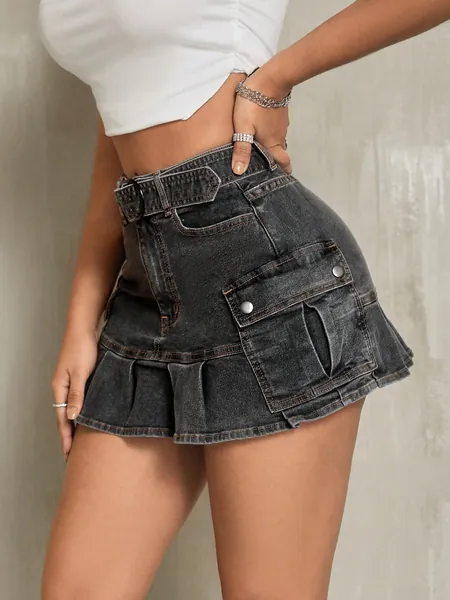 SHEIN SXY Denim Skirt With Pleated Hem