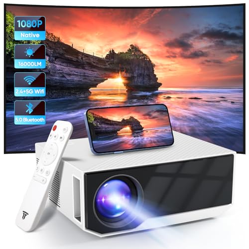 Projector with WiFi and Bluetooth, 16000Lumens Portable Mini Projector,Native Full HD 1080P Outdoor Movie Projector,Smart Projector Compatible with Android/iOS/Windows/TV Stick/HDMI/USB - white