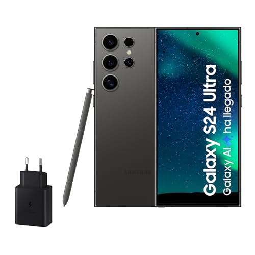 SAMSUNG Galaxy S24 Ultra y Cargador 45W, Teléfono Móvil con IA, Smartphone Android, 12 GB RAM, 512 GB Almacenamiento, Cámara 200MP, S Pen, Batería Larga Duración, Negro Titanium (Versión Española) - Negro Titanium - 512 GB