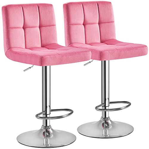 Yaheetech X-Large Bar Stools Modern Adjustable Kitchen Island Chairs Adjustable Counter Height Swivel Stool Armless Chairs with Bigger Base, Set of 2, Velvet, Pink - Pink - Velvet