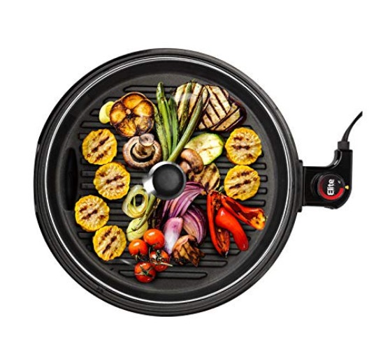 Elite Gourmet EMG6505G 12" Smokeless Indoor Electric BBQ Grill with Glass Lid Dishwasher Safe, Nonstick, Adjustable Temperature, Fast Heat Up, Low-Fat Meals Easy to Clean Design - 12" - Stainless Steel