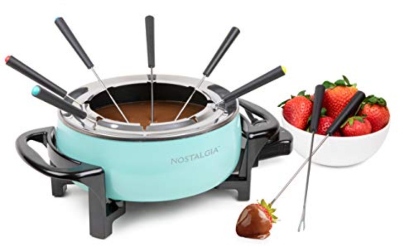 Nostalgia 12-Cup Electric Fondue Pot Set for Cheese & Chocolate - 8 Color-Coded Forks, Adjustable Temperature Control - Stylish Serving for Hors d'Oeuvres, Entrees, and Desserts - Aqua - 12 Cup Aqua