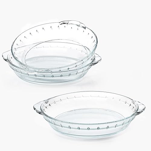 3 Packs Glass Pie Plates, MCIRCO 8.5" Glass Pie Pans, Easy Grab Glass Pie Baking Dishes with Handles for Baking and Serving, Clear