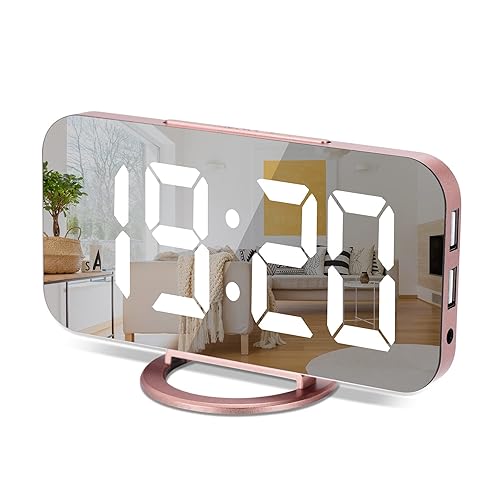 Digital Alarm Clock,6" Large LED Display with Dual USB Charger Ports | Auto Dimmer Mode | Easy Snooze Function, Modern Mirror Desk Wall Clock for Bedroom Home Office for All People (Rose Gold) - Rose Gold