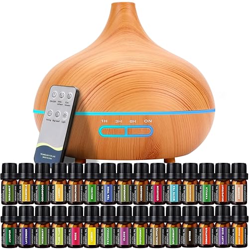 Ultimate Aromatherapy Diffuser,Essential Oil Set,Essential Oil Diffuser,Ultrasonic Diffuser with 550ML Tank Ideal for Large Rooms, Waterless Auto Off,Adjustable Timer,7 LED Light Colors and Mist Mode - Light Colour-30.