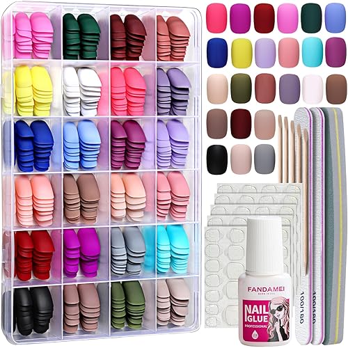FANDAMEI Short Press on Nails, 24 Packs 576PCS Short Round Press on Nails Matte, Acrylic Short Small Fake Nails Full Cover, Matte Glue on Nails with 7g Nail Glue, 24 Color False Nail for Small Nails - Short Round Matte