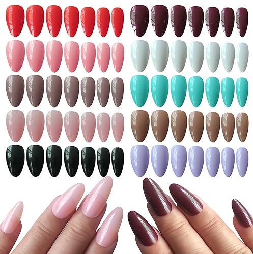LoveOurHome 240pc Almond Press on Nails Medium Fake Nails Full Cover Short Stiletto Oval Colored False Nails Press ons Artificial Fingernails 10 Colors for Women Girls Kids Manicure Design - Almond Glossy