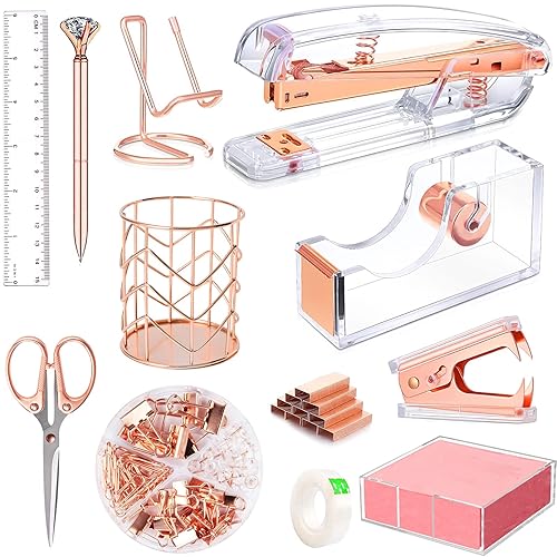 Rose Gold Office Supplies and Accessories, Acrylic Stapler, Staple Remover, Tape Holder, Ballpoint Pen, Scissor, Binder Clips, Staples, Phone Holder, Ruler, Transparent Glue and 300 Notes - Rose Gold