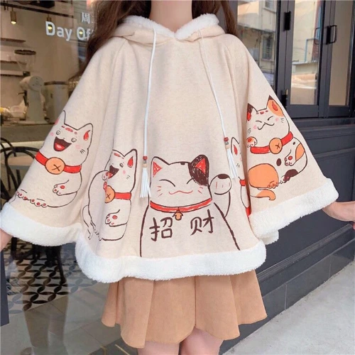 Cute Cat Ears Girl Warm Cloak Autumn and Winter Harajuku Lolita Velvet Thick Kawaii Shawl Student Anime Coat Cartoon Accessories - AliExpress 