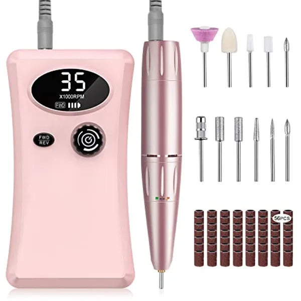 Electric Nail Drill, Urbuti 35000RPM Professional Nail Drill Machine, Portable Rechargeable File Machine Set for Acrylic Gel Nails, Manicure Pedicure Tools for Home and Salon Use(Pink)