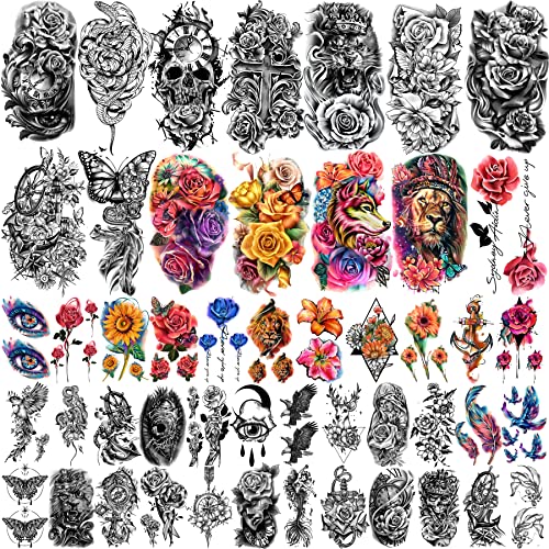 Metuu 49 Sheets Black Color Half Arm Waterproof Temporary Tattoo for Men and Women, 3D Rose Peony Flower Animal Fake Tattoo Stickers for Teen Girls Body Hand Shoulder Chin Neck - colorful 3