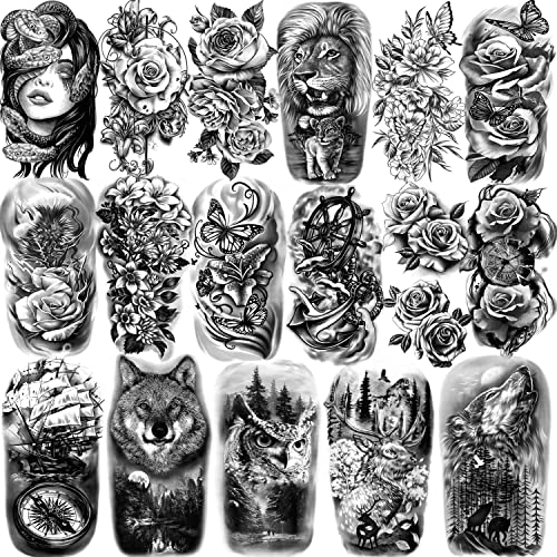 Temporary Tattoo for Women and Men, 77 Sheets Realistic Temporary Tattoos Lion Wolf Owl Elk Snake Butterfly Rose for Girls Boys, Waterproof Half Arm Fake Tattoos for Adults Chest Shoulder Neck Hand