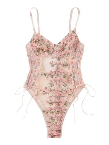 Lilosy Women Sexy Lace Up Floral Embroidered Teddy Lingerie Bodysuit Top Mesh Sheer One Piece - XX-Large - Pink