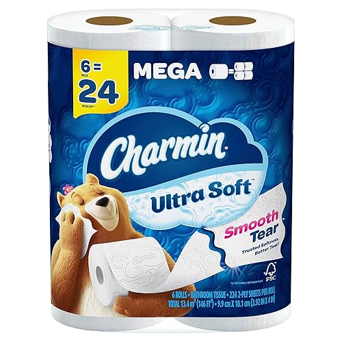 Charmin Ultra Soft Toilet Paper 6 Mega Rolls, 224 Sheets Per Roll, 1.5 pounds - Patterned - 224 sheet (Pack of 6)