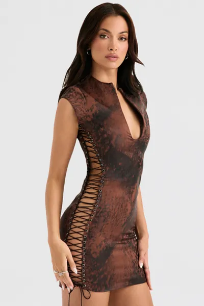 Clothing : Mini Dresses : 'Daphne' Antique Copper Lace up Mini Dress