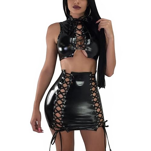 VWIWV Women's Bandage Faux Leather Dress Criss Cross 2 Piece Lace Up Crop Top and Bodycon Mini Skirt Sets Outfits -  Black