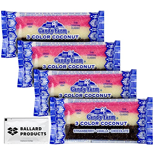 Candy Farm Neapolitan Coconut Candy Slices - 4 Bars of Nostalgic Candy of Coconut - Old Fashioned Candy - Bundle with Ballard Products Moist Towelette