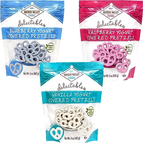 Hayden Valley Foods Yogurt Covered Pretzel Variety Pack - 5oz Resealable Bags (Pack of 3) - Raspberry, Blueberry and Vanilla - Gourmet Naturally Flavored Pink, Blue and White Pretzels - 15oz Total - Blueberry + Vanilla + Raspberry - 5 Ounce (Pack of 3)