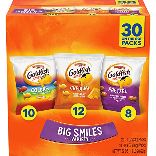 Goldfish Crackers Big Smiles Variety Pack with Cheddar, Colors, and Pretzels, Snack Packs, 30 Ct - Variety
