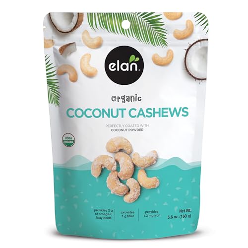 Elan Organic Coconut Cashews, 5.6 oz, Non-GMO, Gluten-Free, Vegan, Kosher, Glazed Nuts (Roasted Cashews, Coconut Milk Powder, Himalayan Pink Salt), Superfood Infused Nuts - Coconut - 5.6 Ounce (Pack of 1)