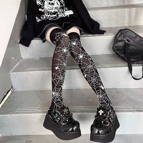 Black Cute Lolita Web Stockings - style c / One Size