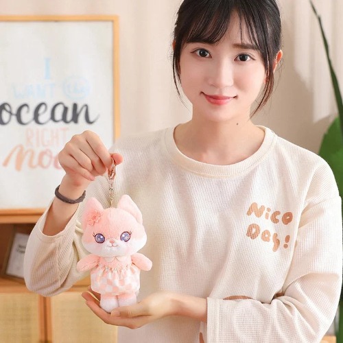Kawaii Plush Fox Pendant Keychains - Pink
