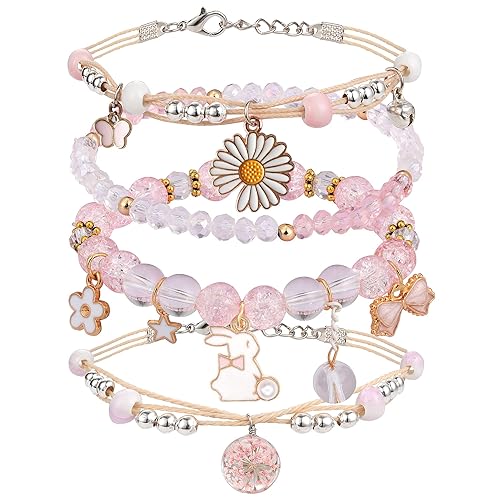 DS 4PCS Beaded Charm Bracelets for Teen Girls Dainty cute cartoon Crystal Beads Pearl Bracelets anklets set for woman and girls Adjustable Stretch bracelet birthday Gift For Friends - Pink Rabbit