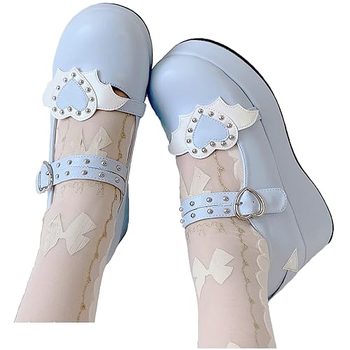 Women's Mary Jane Shoes Lolita Round Toe Block Heels Gothic Sweet Heart Floral Oxfords Ankle T-Strap Platform Dress Shoes Classic Gothic Pumps - 7 - Blue