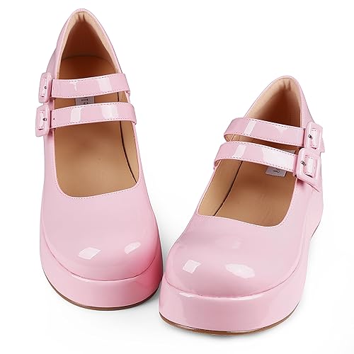 Accloris Platform Mary Jane Shoes Women Girls,Ankle Strap Round Toe Goth Chunky Uniform Dress Pumps Shoes Oxfords - 7 - Pink