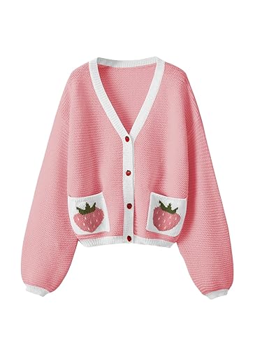 SHENHE Women's Strawberry Pattern Open Front Bishop Sleeve Casual Cardigan - X-Small - White and Pink