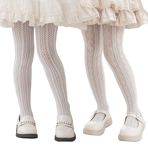 LOLANTA Girls Lace Tights Kids Sheer Patterned Fishnet Stockings 2 Pack Hollow Dance Pantyhose - 8-12 Years - White Heart+ White Wheat