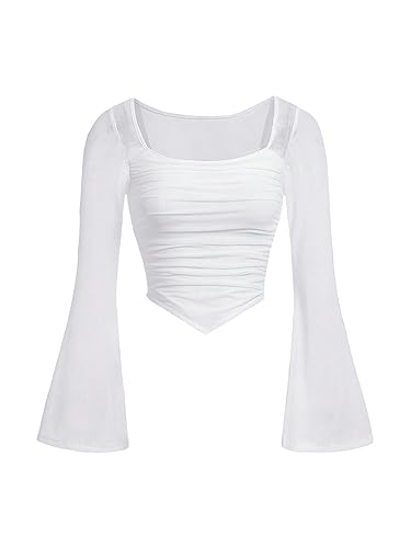 SOLY HUX Girl's Y2K Long Sleeve Crop Tops Mesh Ruched Asymmetrical T Shirts Square Neck Fitted Tees Plain White 12-13Y