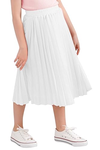 GORLYA Girls Chiffon Pleated Elastic High Waist A-Line Boho Swing Maxi Long Skirt 4-14T - 12 Years - White