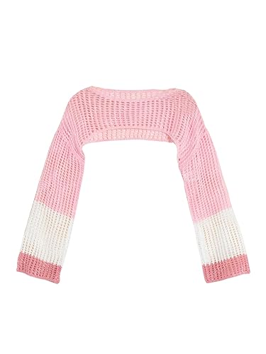 Floerns Girls Color Block Long Sleeve Drop Shoulder Crochet Crop Top Sweaters - 13 Years - Pink