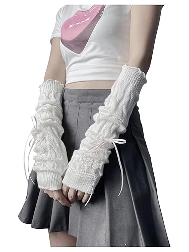 GORGLITTER Women's Y2K arm warmers Knitted Arm sleeve Japanese Harajuke Cosplay Lolita Gloves - One-Size - White