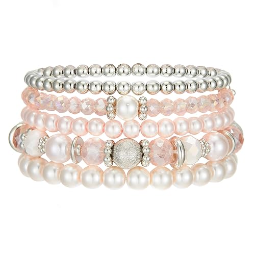 Noessla Beaded Pearl Stretch Bracelet Silver Stackable Crystal Beads Bracelets Trendy Costume Jewelry Mothers Day Gifts for Women - Pink