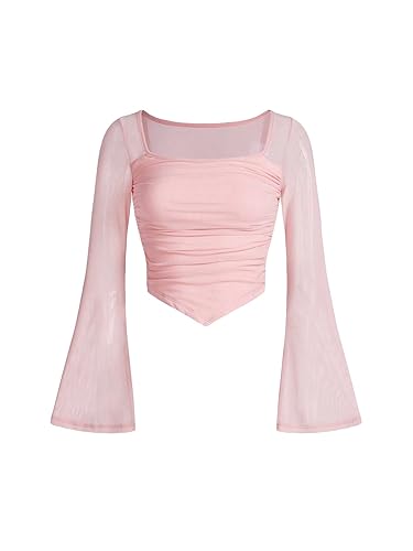 Floerns Girls Bell Long Sleeve Square Neck Asymmetrical Hem Mesh Ruched Crop Tops Tees - 13 Years - A Light Pink