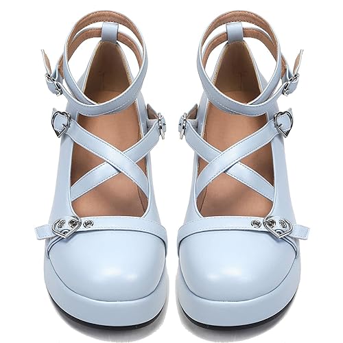 Womens Mary Jane Shoes T-Strap Chunky Heel Goth Platform Lolita Shoes Round Toe Ankle Oxfords Shoes for Women - 7 - Blue#2