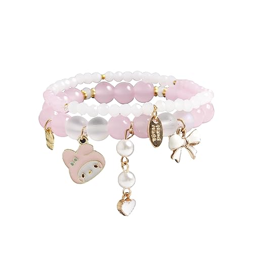 OZAOZ Kawaii Bracelets Set Crystal Beads Pearl Bracelets Cute Cartoon Elastic Beaded Bracelets for Women Friendship Jewelry - Light Pink