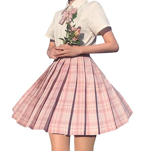 Japanese Pleated Skirt Mini Skirt Women's Summer Plaid Skirt high Waist White Pink Skirt A-Line Uniform Mini Skirt - Small - Style B