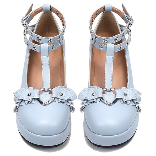Womens Mary Jane Shoes T-Strap Chunky Heel Goth Platform Lolita Shoes Round Toe Ankle Oxfords Shoes for Women - 7 - Blue#1