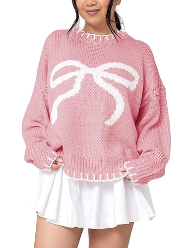 MINSURE Women Y2K Bow Knit Sweater Crew Neck Long Sleeve Knitted Pullover Oversized Contrast Trim Knitwear - Pink - X-Small