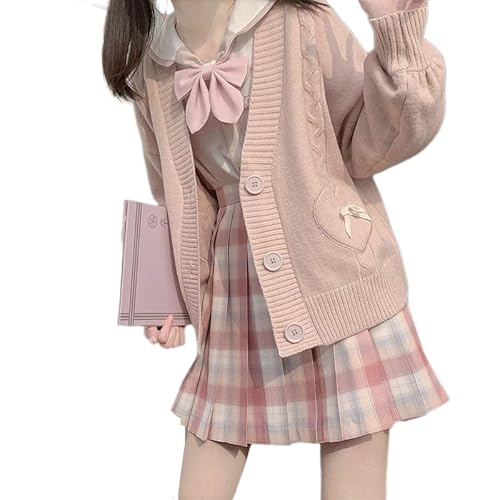 Japan Harajuku Kawaii Pink Knitted Cardigan Women's V-Neck Sweater Cute Bow Heart Korean JK School Uniform Jacket - Small - Pink