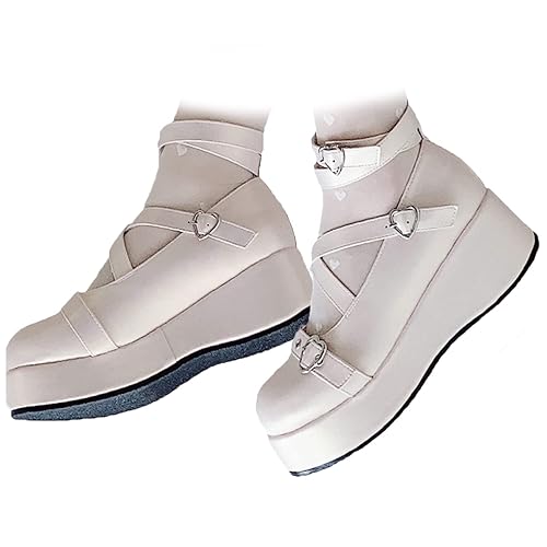 Womens Mary Jane Shoes T-Strap Chunky Heel Goth Platform Lolita Shoes Round Toe Ankle Oxfords Shoes for Women - 7 - White
