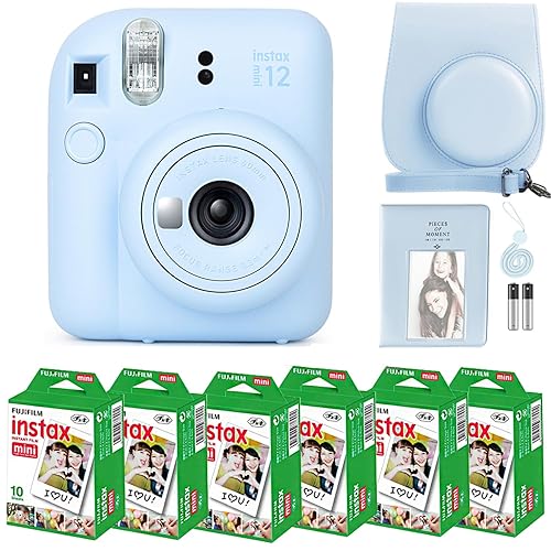 Fujifilm Instax Mini 12 Camera with Fujifilm Instant Mini Film (60 Sheets) Bundle with Deals Number One Accessories Including Carrying Case, Photo Album, Stickers (Pastel Blue) - Pastel Blue