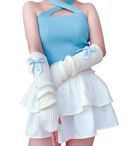 Brexiamin Women Y2k Arm Warmers Covers Kawaii Harajuku Fingerless Gloves Lolita Knitted Arm Sleeve with Thumb Hole - One Size - Blue