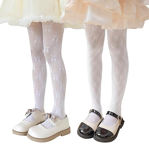 LOLANTA Girls Lace Tights Kids Sheer Patterned Fishnet Stockings 2 Pack Hollow Dance Pantyhose - 8-12 Years - White Bow+white Cherry